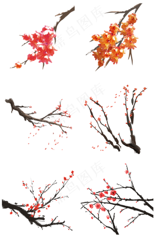 冬季红色梅花树枝积雪唯美水墨写