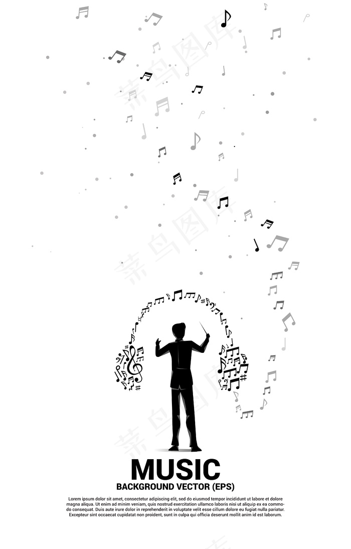 音乐和声音背景概念。指挥家和音乐旋律音符形状的耳机图标。eps,ai矢量模版下载