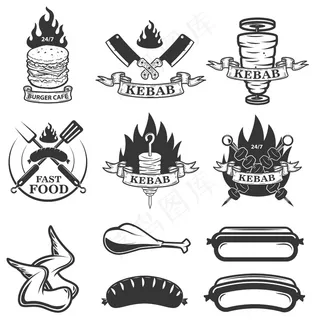 一套快餐标志和元素。烤肉串。标志、标签、徽章、标志的设计元素。插图