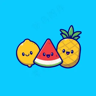 可爱的柠檬,西瓜和菠萝卡通矢量插图。夏季热带水果概念分离载体。平面卡通风格 可爱的柠檬,西瓜和菠萝卡通矢量插图。夏季热带水果概念分离载体。平面卡通风格