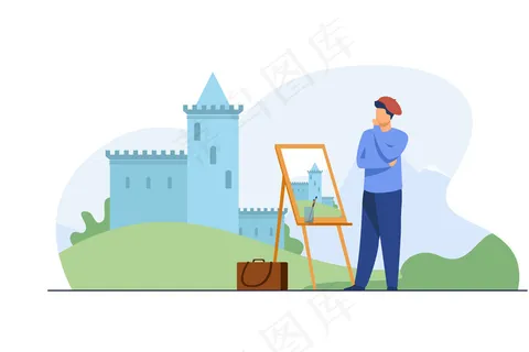 创作艺术家画城堡。画笔，风景，风景平面矢量插图。艺术与创作理念