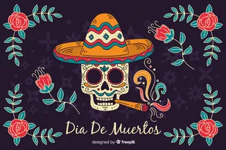 骷髅抽雪茄手绘día de muertos背景