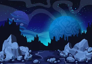 在黑暗的太空中，行星表面有陨石坑、恒星和彗星。卡通空间背景