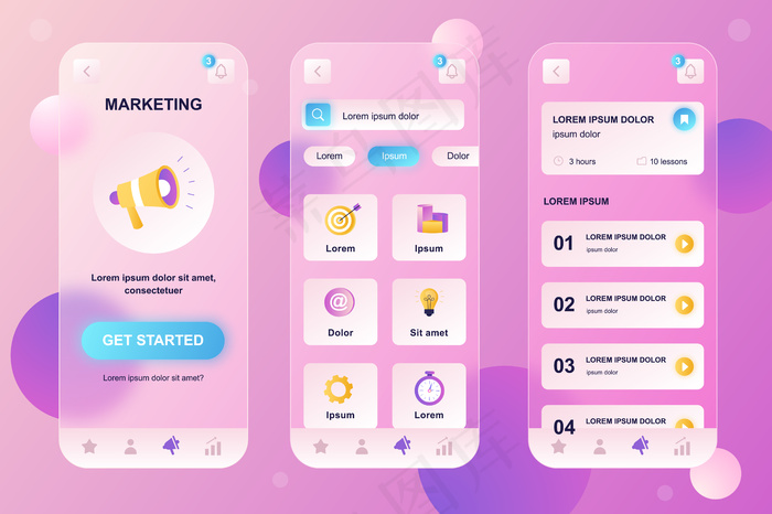 市场营销glassmorphic design neumorphic elements kit for mobile app ui ux gui屏幕集eps,ai矢量模版下载