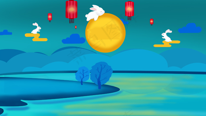 中秋节之玉兔与月亮中秋(2880*1620px 300 dpi )psd模版下载
