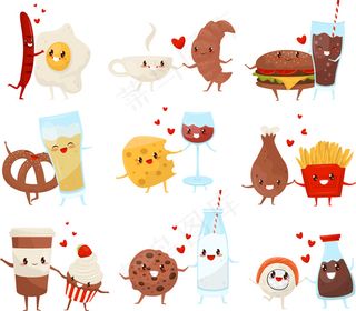 可爱有趣的食物和饮料卡通人物集，永远的朋友，快餐菜单插图白色背景