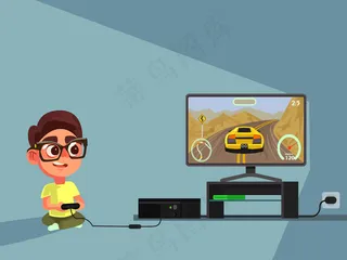 玩电子游戏的小男孩角色。