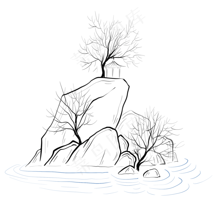 中国风线条树木和山峰