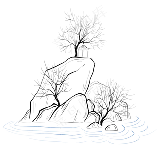 中国风线条树木和山峰