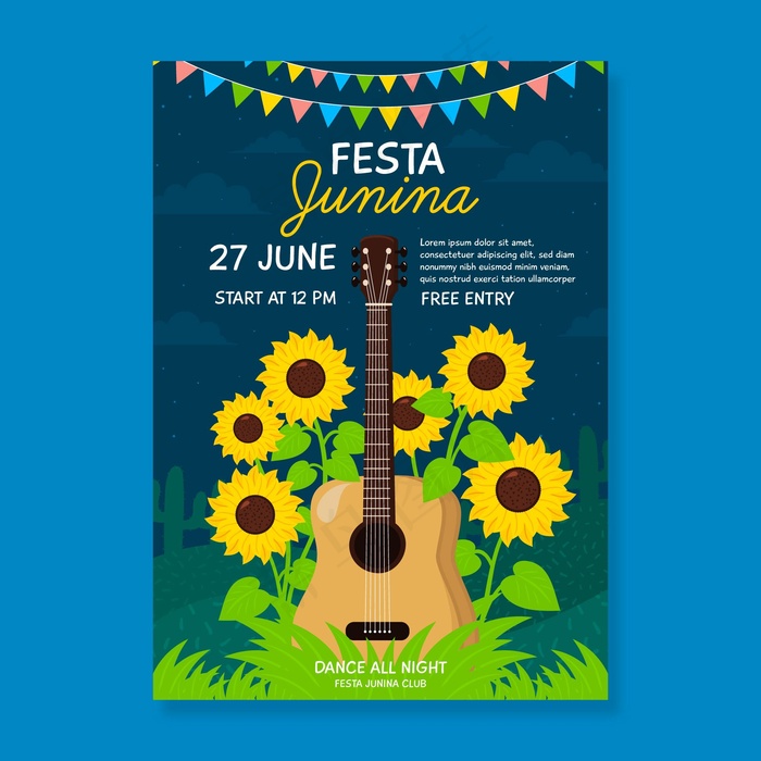 手绘festa junina海报吉他和向日葵eps,ai矢量模版下载