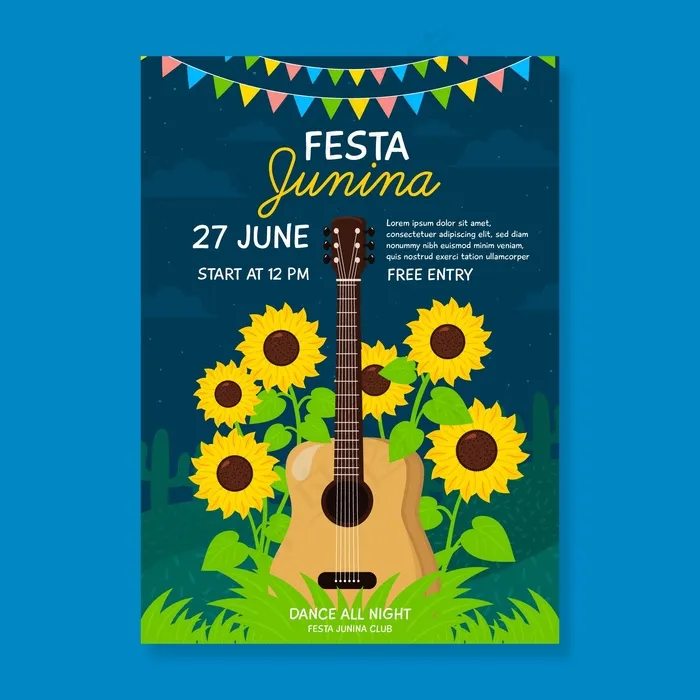 手绘festa junina海报吉他和向日葵eps,ai矢量模版下载