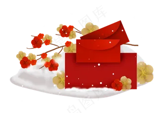 农历新年雪地里的梅花和红包边框