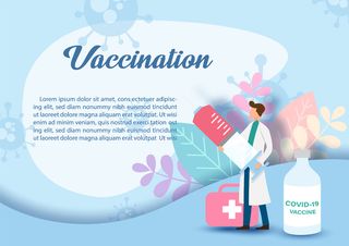 卡通人物的医生拿着一个巨大的注射器，上面有疫苗瓶和医疗袋，上面有装饰植物和疫苗接种措辞、示例文本和蓝色背景。