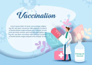 卡通人物的医生拿着一个巨大的注射器，上面有疫苗瓶和医疗袋，上面有装饰植物和疫苗接种措辞、示例文本和蓝色背景。