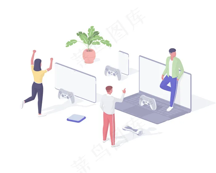 人们玩网络游戏的等距插图。一群年轻人远程玩电脑游戏，通过网络交流。有趣的虚拟娱乐数字兴奋现实。eps,ai矢量模版下载