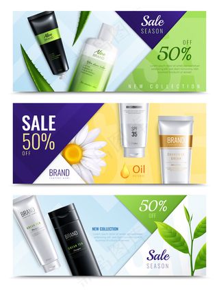 三横有机化妆品成分现实横幅banner集销售季节新的集合描述矢量插图