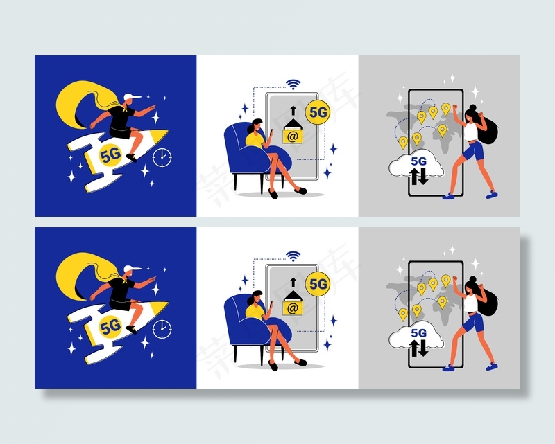 具有人字火箭和智能手机平面隔离图的高速 5g 互联网设计概念