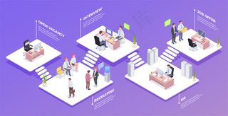 招聘等轴测组成不同的办公室和信息图片文字字幕可编辑插图的图像