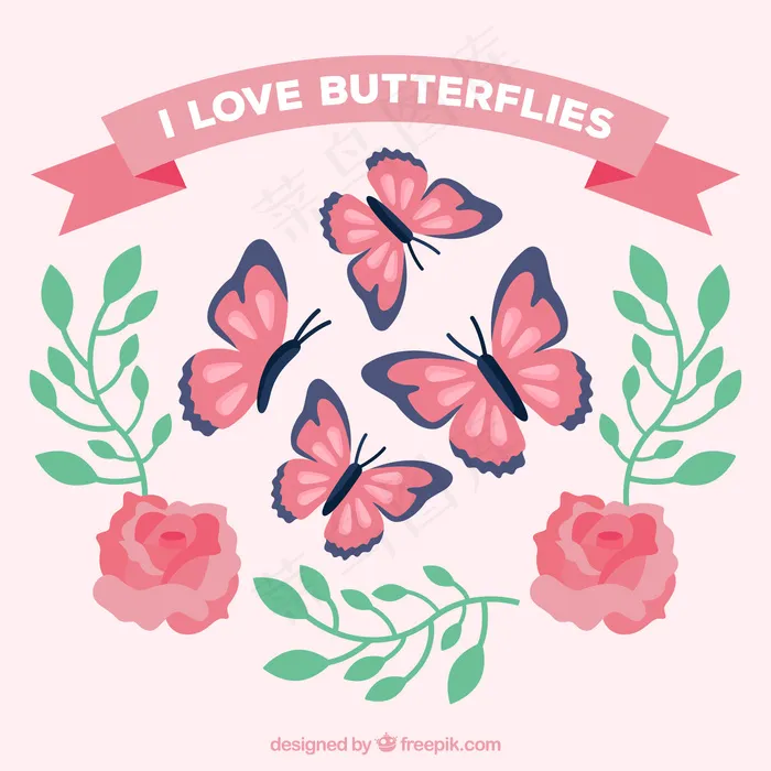 蝴蝶和玫瑰的叶子背景eps,ai矢量模版下载