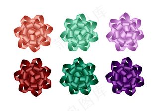 一套明亮的浅紫色-紫罗兰绿色-祖母绿-棕色礼品丝带蝴蝶结，在白色背景上单独收拢