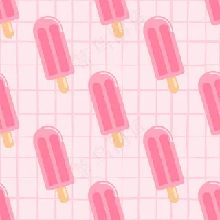 粉色水果冰无缝图案。浅粉色背景，带格子。