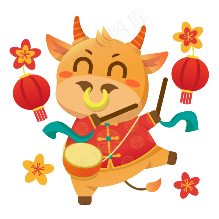 2021牛年新年喜庆打鼓小牛(2716*2715px 72dpi )ai矢量模版下载