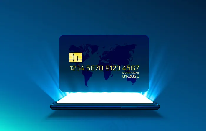 电子信用卡和电话，金融技术，蓝色隔离。eps,ai矢量模版下载