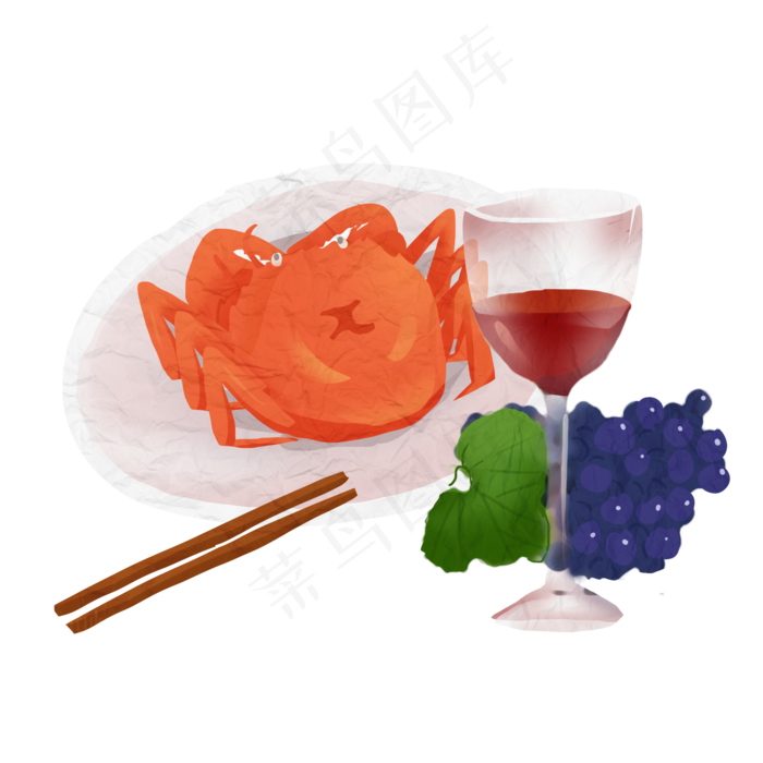 手绘大闸蟹品红酒吃葡萄PNG免(2000X2000(DPI:300))psd模版下载