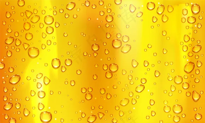 玻璃黄色背景上的冷凝水或啤酒液滴。雨滴落在窗户上，抽象潮湿的质地，冰凉的果汁或香槟酒酒杯里的酒精饮料。真实三维矢量图eps,ai矢量模版下载