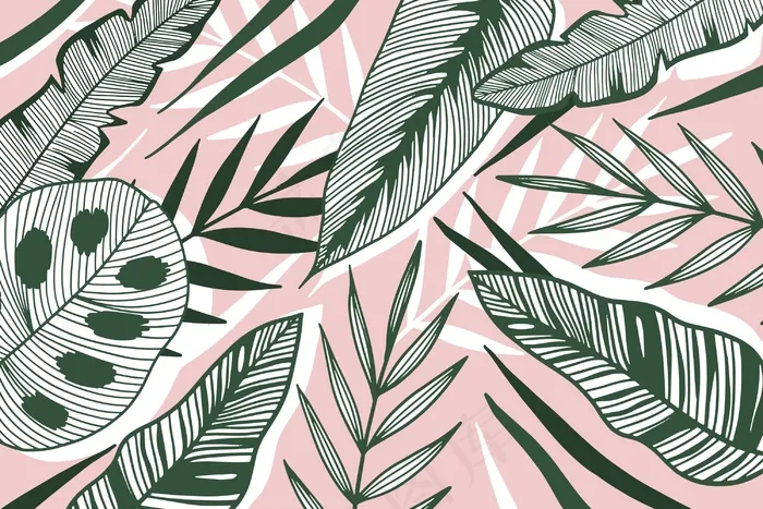 线性热带叶子，有柔和的颜色背景eps,ai矢量模版下载