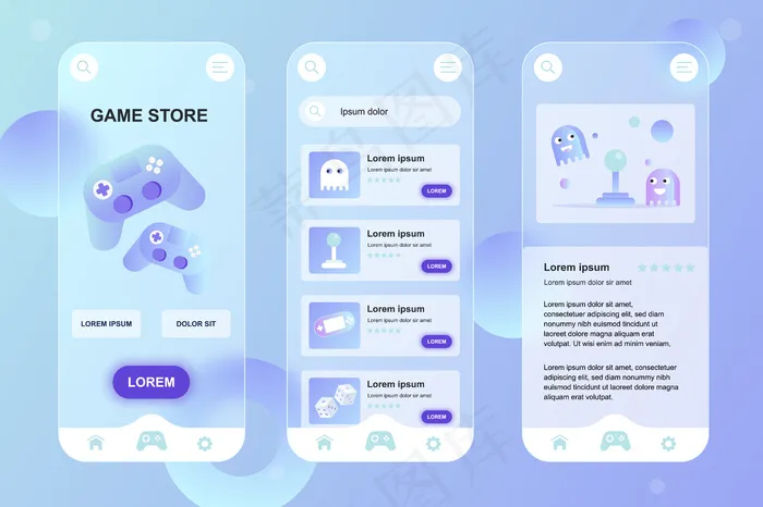 游戏商店glassmorphic设计neumorphic元素工具包，用于手机app移动应用程序appui-ux-gui屏幕集eps,ai矢量模版下载