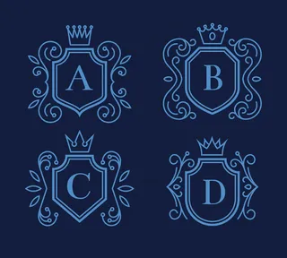 带有盾牌和皇冠的一套标志或花押字设计。维多利亚式框架