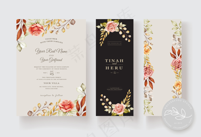 手绘水彩花卉结婚卡