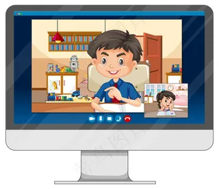 计算机屏幕上的学生视频聊天在线屏幕，白色背景