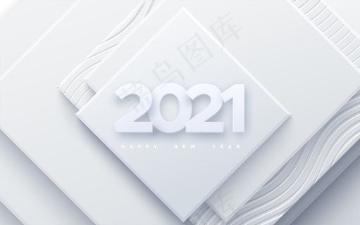 新的2021年快乐。假日插画。白色抽象背景上的纸张三维数字。节日活动横幅banner。几何正方形。