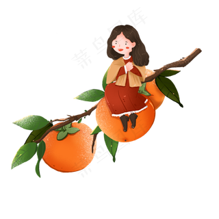 秋天霜打的柿子和坐在枝头的女孩