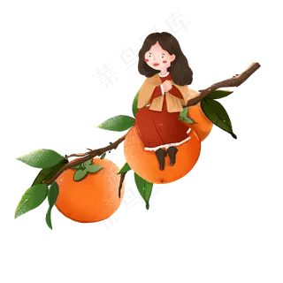 秋天霜打的柿子和坐在枝头的女孩