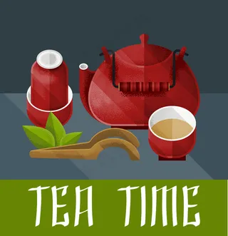 中国茶道插图与红色水壶对和复古风格的皮亚拉