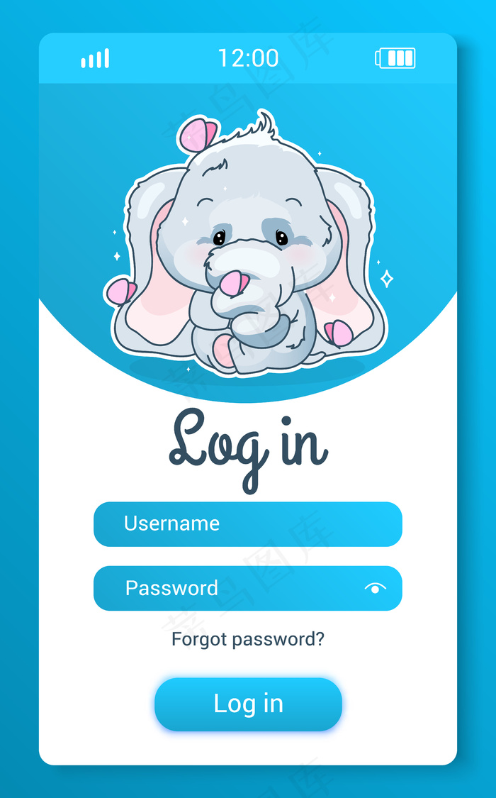 可爱的大象儿童手机app手机app移动应用程序app屏幕卡通卡瓦伊字符。登录，创建帐户智能手机游戏，社交媒体应用程序。用户配置文件注册蓝色页面eps,ai矢量模版下载