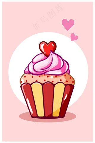 情人节纸杯蛋糕奶油上的情人节，卡通插图