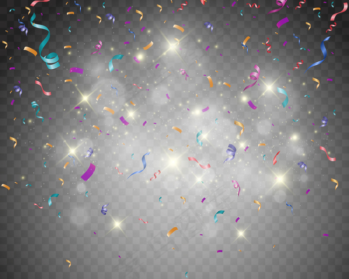 透明背景上有很多五颜六色的小五彩纸屑和丝带。节日活动和聚会。多色背景。彩色透明背景上隔离的明亮五彩纸屑