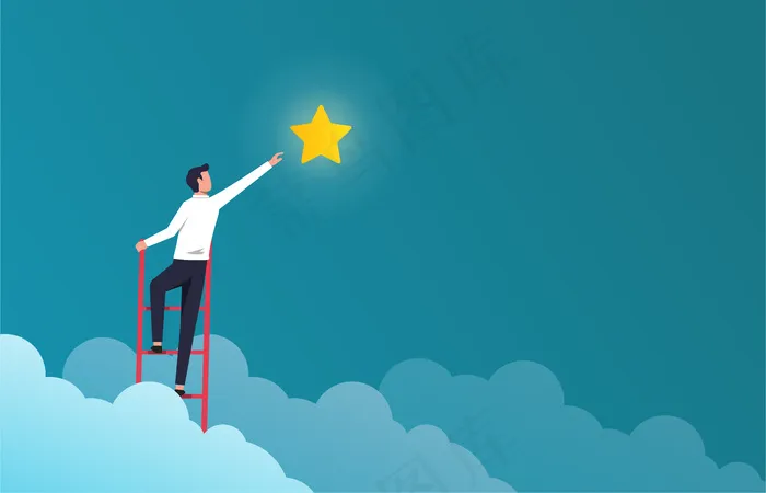 成功的商人在*上到达明星插画。事业成功的象征。eps,ai矢量模版下载