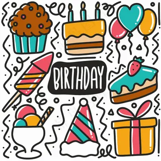 手绘生日派对涂鸦集图标和设计元素