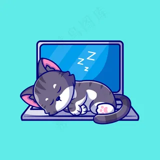 可爱的猫睡在笔记本电脑卡通图标插图。