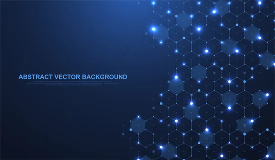 技术抽象线和点用六边形连接背景。六边形连接数字数据和大数据概念。十六进制数字数据可视化。矢量插图。 技术抽象线和点用六边形连接背景。六边形连接数字数据和大数据概念。十六进制数字数据可视化。矢量插图。