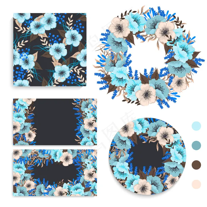 一套有花、叶子的卡片。婚礼装饰品。花卉杂志，海报，邀请。