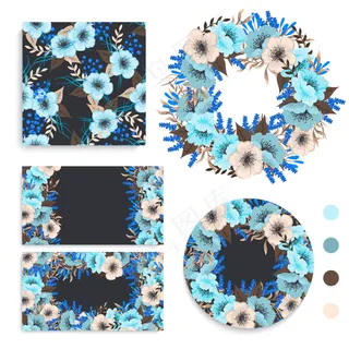 一套有花、叶子的卡片。婚礼装饰品。花卉杂志，海报，邀请。