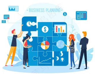 商业人士规划平面矢量插图。卡通男女员工性格团队连接拼图，合作项目管理业务计划