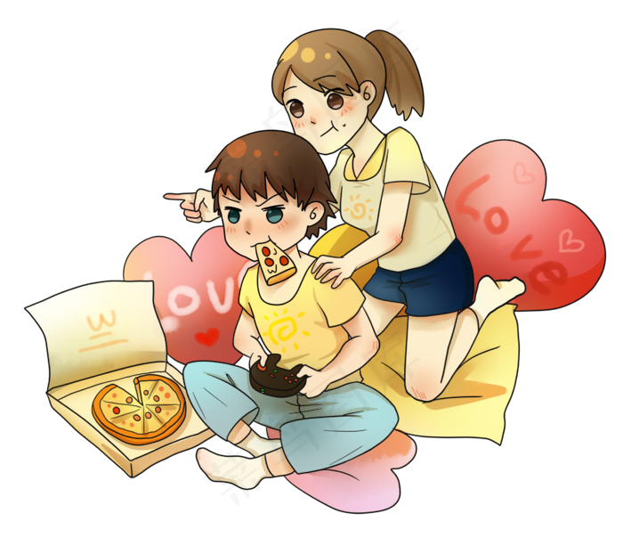 七夕情人节情侣打游戏场景插画