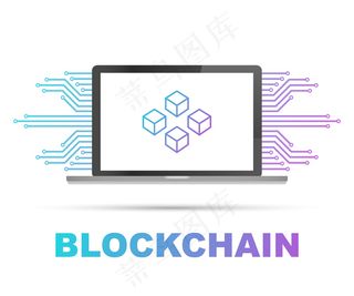 笔记本电脑屏幕上的区块链，显示屏上连接的立方体。数据库、数据中心、加密货币和区块链的符号
